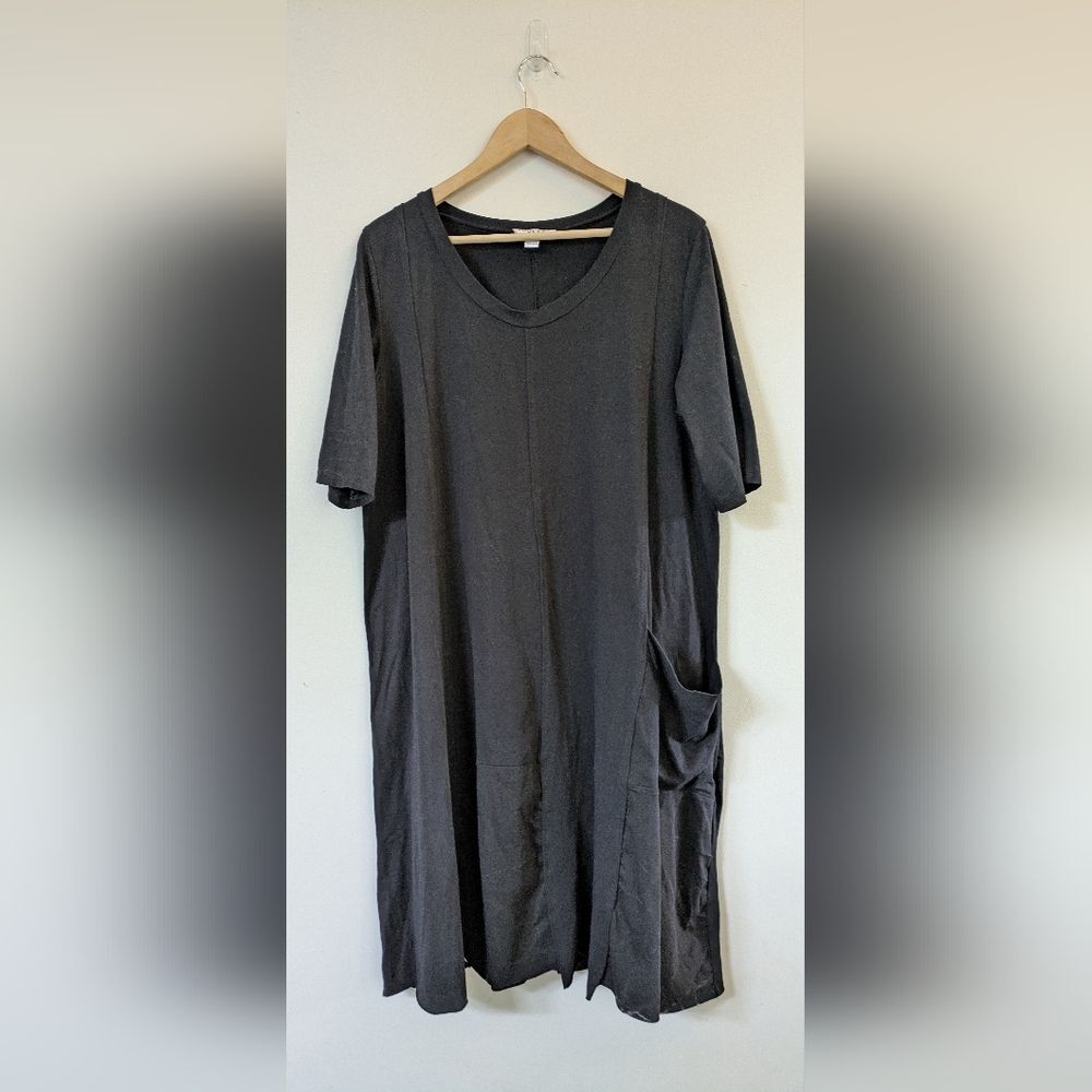 Luukaa BLAZEA Mid-length Black Cotton Short Sleeve Midi Dress Lagenlook 14